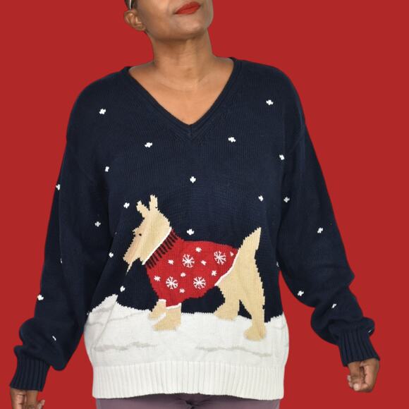 Liz Claiborne Christmas Sweater Blue Vintage Dog Scottie Snow Holiday Festive XL - Picture 1 of 14